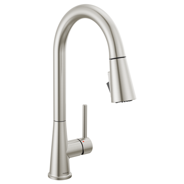 Stainless steel kitchen faucet with curved spout and pull-down sprayer head with single handle.