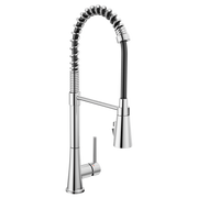 Chrome commercial kitchen faucet with coiled spray hose, single lever handle, and tall curved spout.
