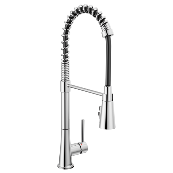Chrome commercial kitchen faucet with coiled spray hose, single lever handle, and tall curved spout.