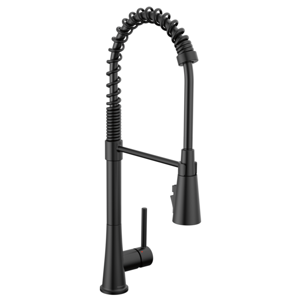 Black commercial kitchen faucet with coiled spray hose and single side handle.