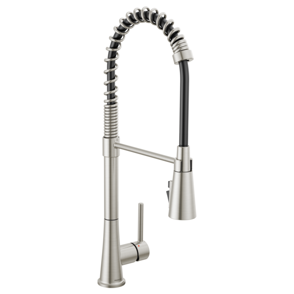 Brushed stainless steel commercial kitchen faucet with coiled pull-down hose and single lever handle.