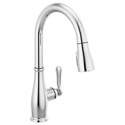 Chrome kitchen faucet with curved spout, single handle lever, and pull-down spray head.