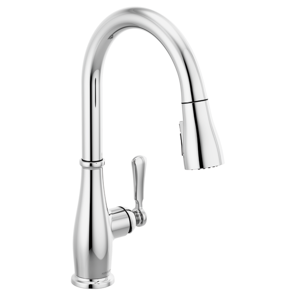 Chrome kitchen faucet with curved spout, single handle lever, and pull-down spray head.