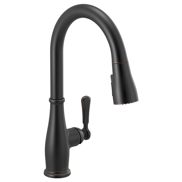 Black pull-down kitchen faucet with single curved handle and retractable spray head.