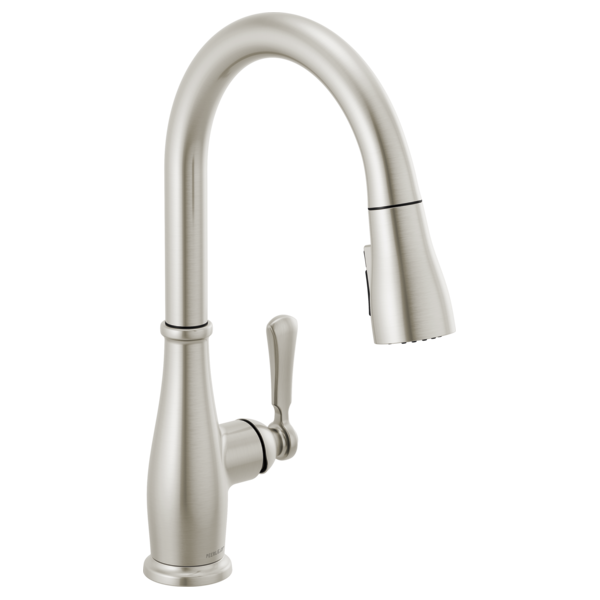 Stainless steel kitchen faucet with curved gooseneck spout, single lever handle, and pull-down spray head.