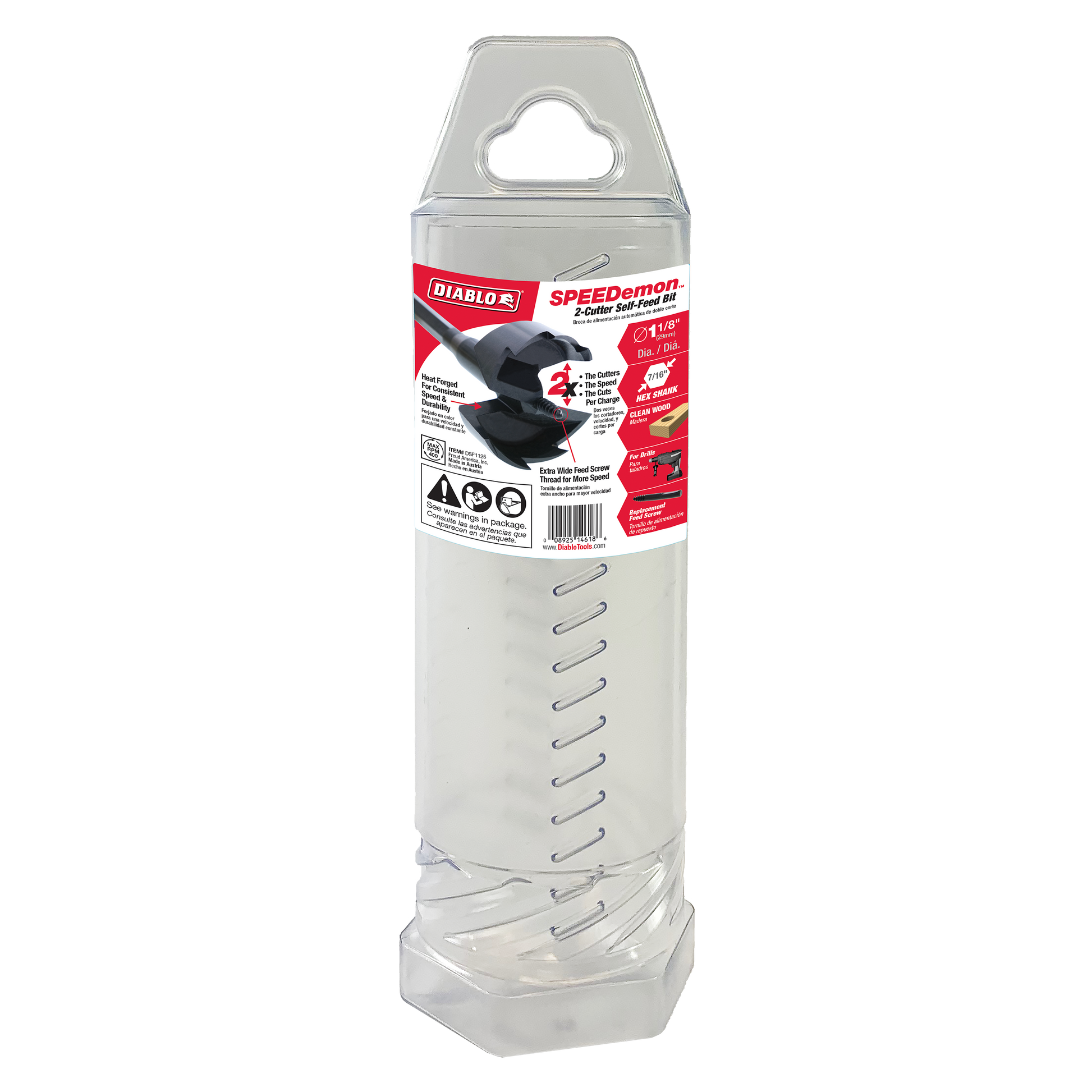 Diablo SPEEDemon self-feed drill bit with black cutting head in clear plastic storage package with red label.