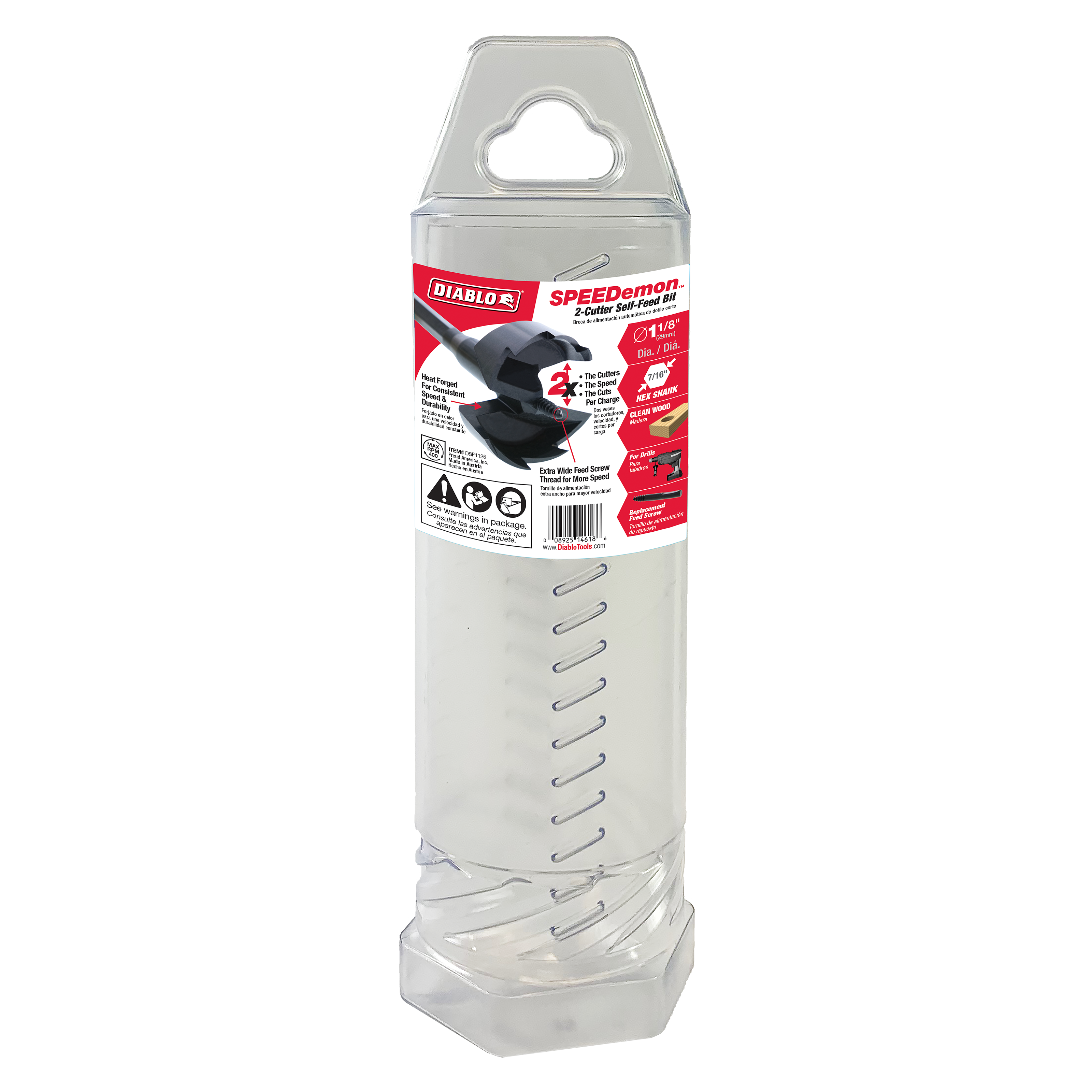 Diablo SPEEDemon self-feed drill bit with black cutting head in clear plastic storage package with red label.
