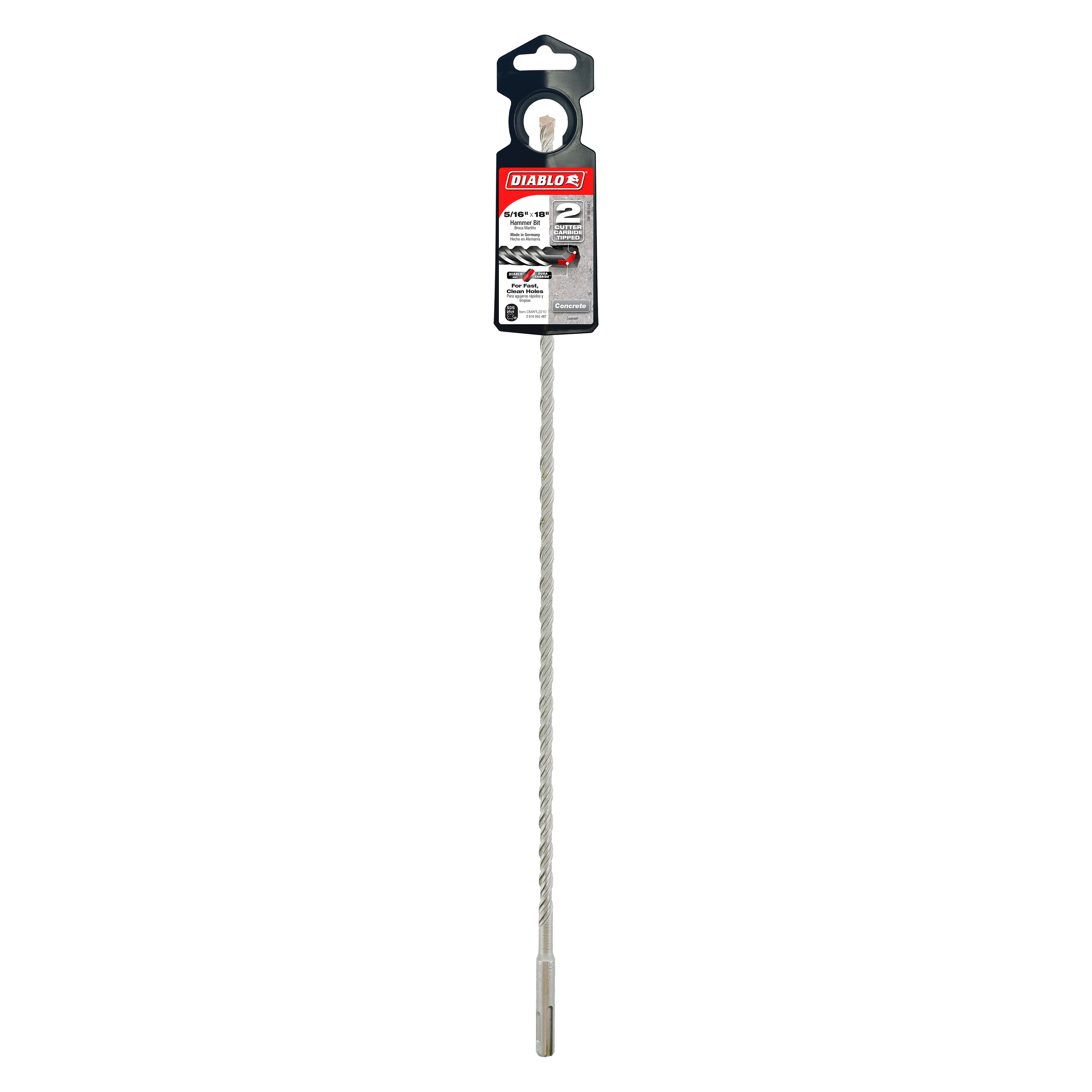 Diablo SDS-Plus hammer drill bit with 2-cutter design, 5/16 inch diameter and 16 inch length, shown in packaging.