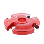 Red router cutter head with four cutting blades and central bore, labeled with specifications and adjustment screws.