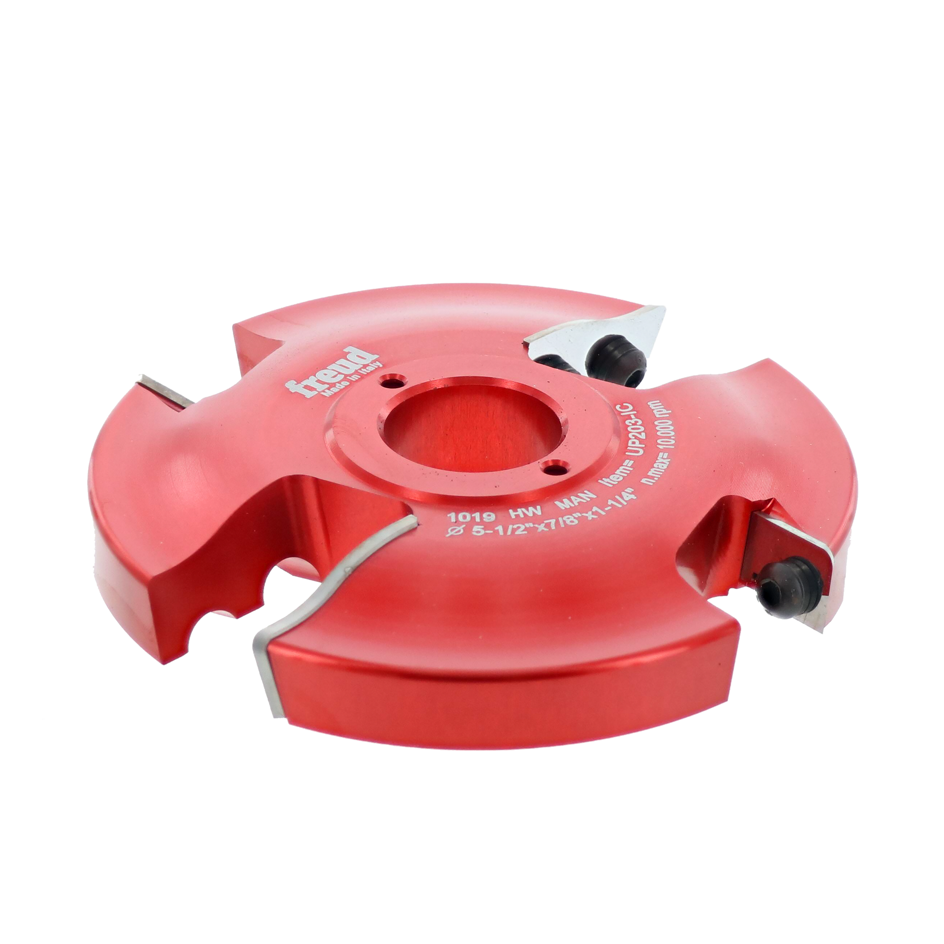 Red router cutter head with four cutting blades and central bore, labeled with specifications and adjustment screws.