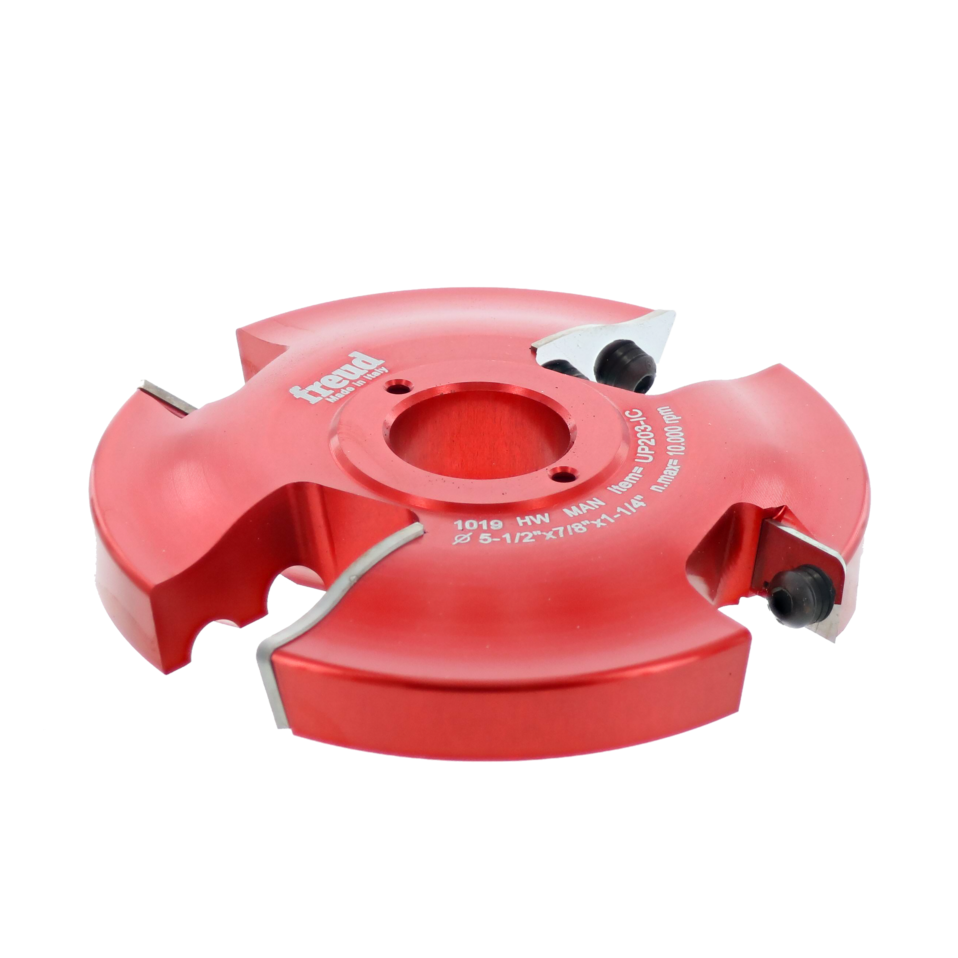 Red router cutter head with four cutting blades and central bore, labeled with specifications and adjustment screws.