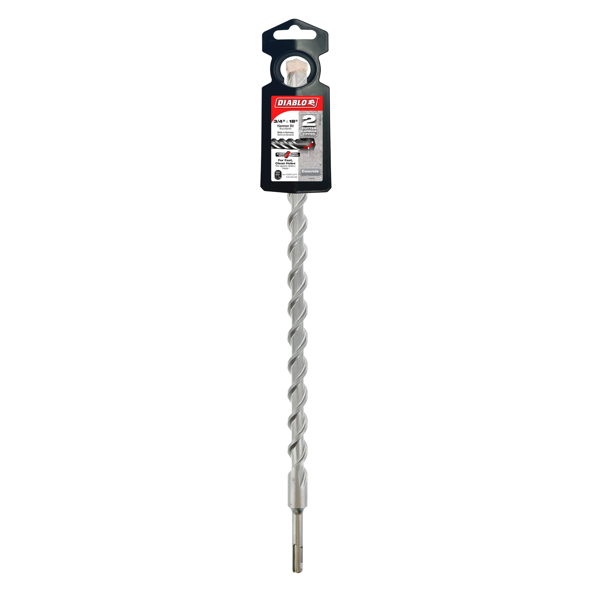 Diablo SDS-Plus 2-cutter hammer drill bit with 3/4 in. diameter, spiral flutes, and packaging header card.