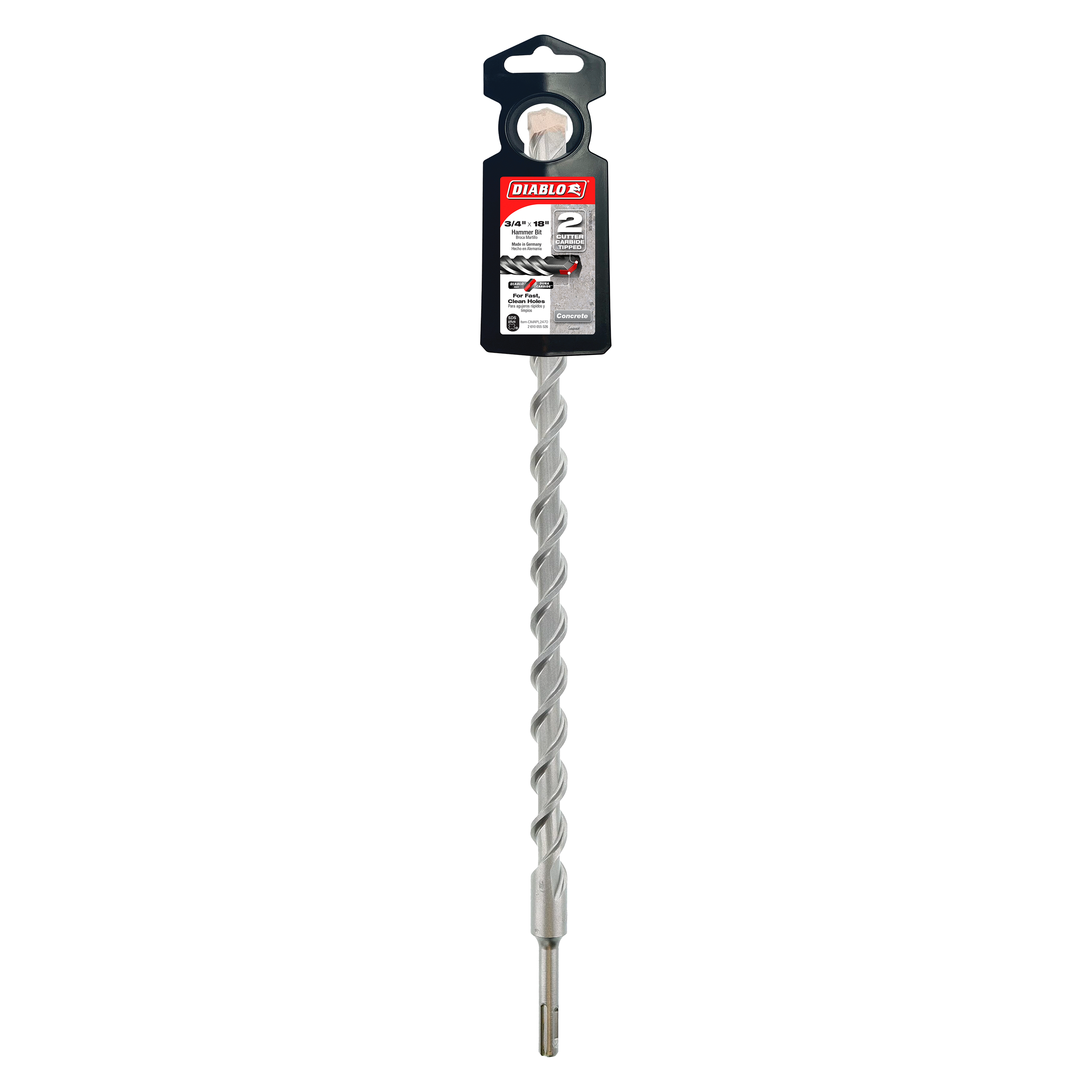 Diablo SDS-Plus 2-cutter hammer drill bit with 3/4 in. diameter, spiral flutes, and packaging header card.
