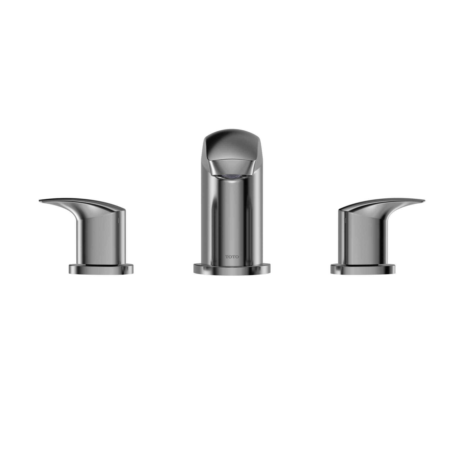 Polished chrome three-piece roman tub filler with central spout and two curved side handles.