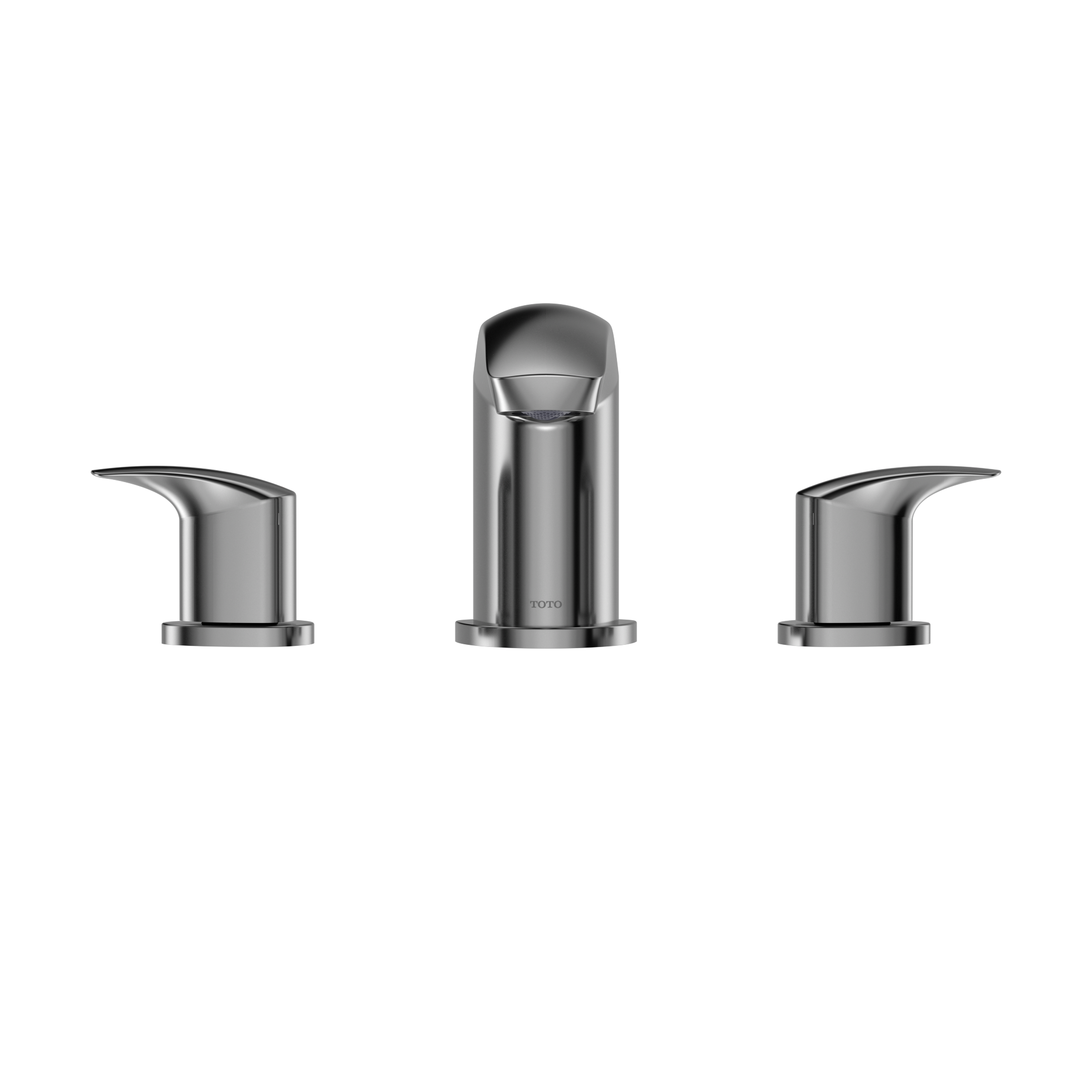 Polished chrome three-piece roman tub filler with central spout and two curved side handles.