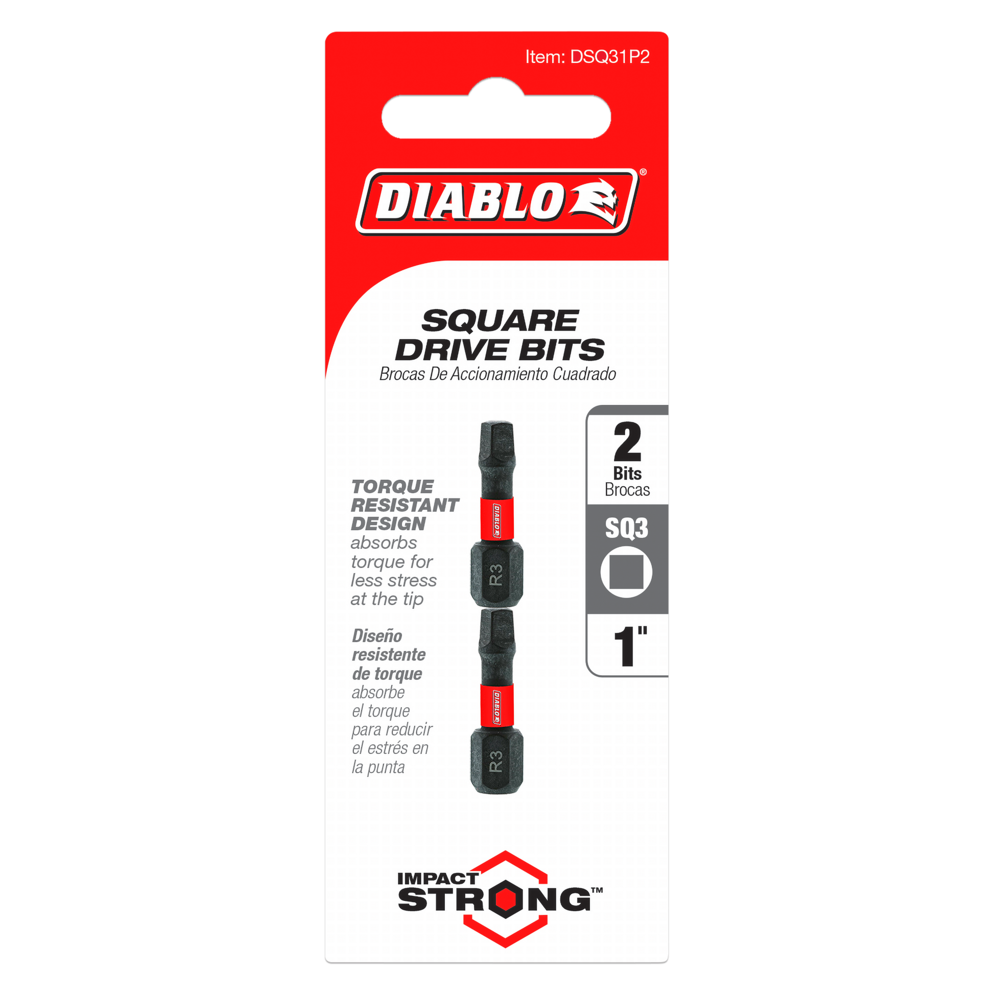 Two black and red 1-inch #3 square drive bits on red and white Diablo packaging card.