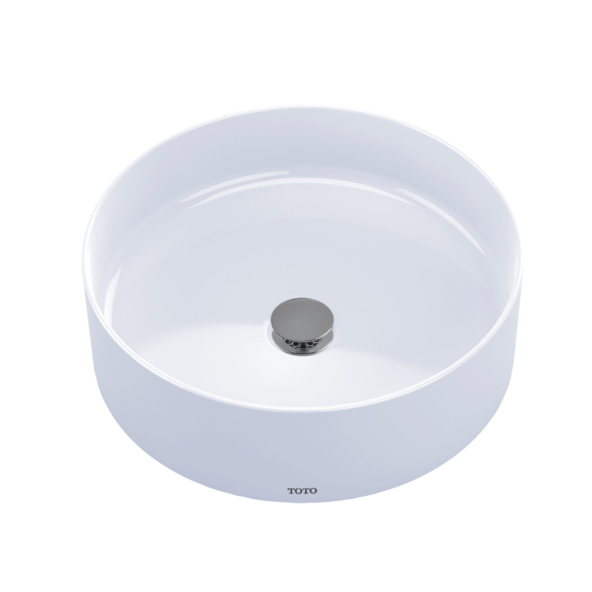 White round vessel sink with chrome drain cap, viewed from above.