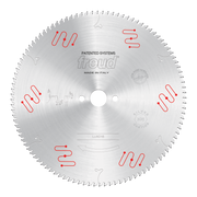 Freud LU5D16 circular saw blade with silver aluminum body, numerous cutting teeth around perimeter, and red clamping system d
