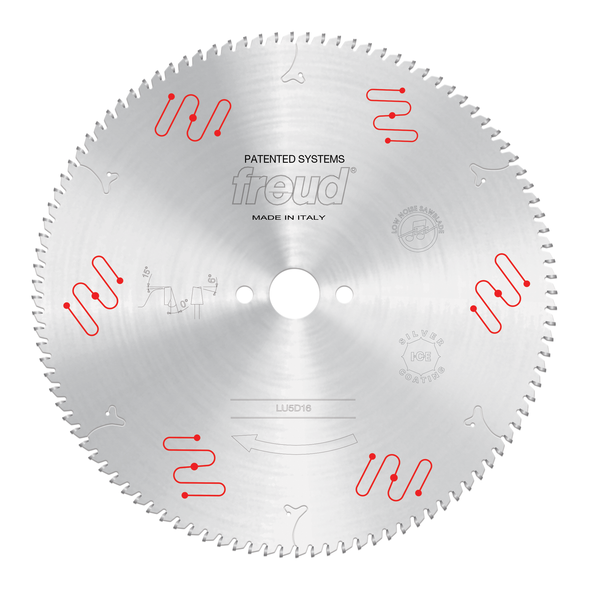 Freud LU5D16 circular saw blade with silver aluminum body, numerous cutting teeth around perimeter, and red clamping system d