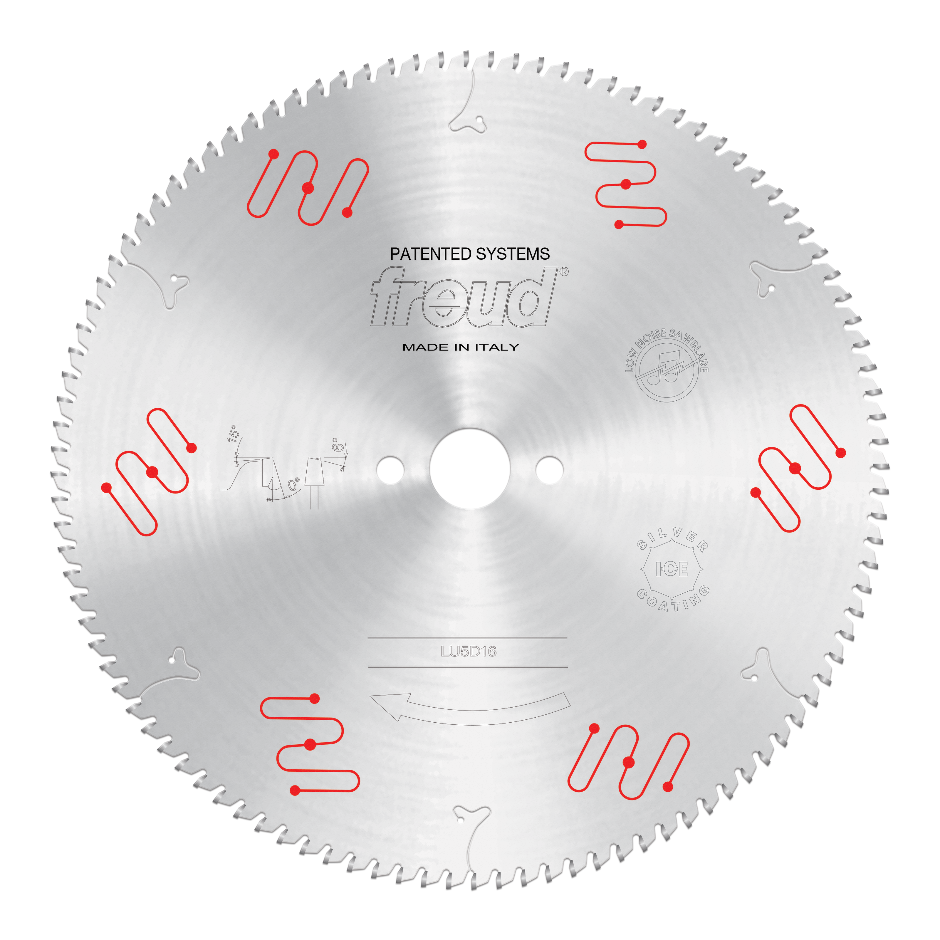 Freud LU5D16 circular saw blade with silver aluminum body, numerous cutting teeth around perimeter, and red clamping system d