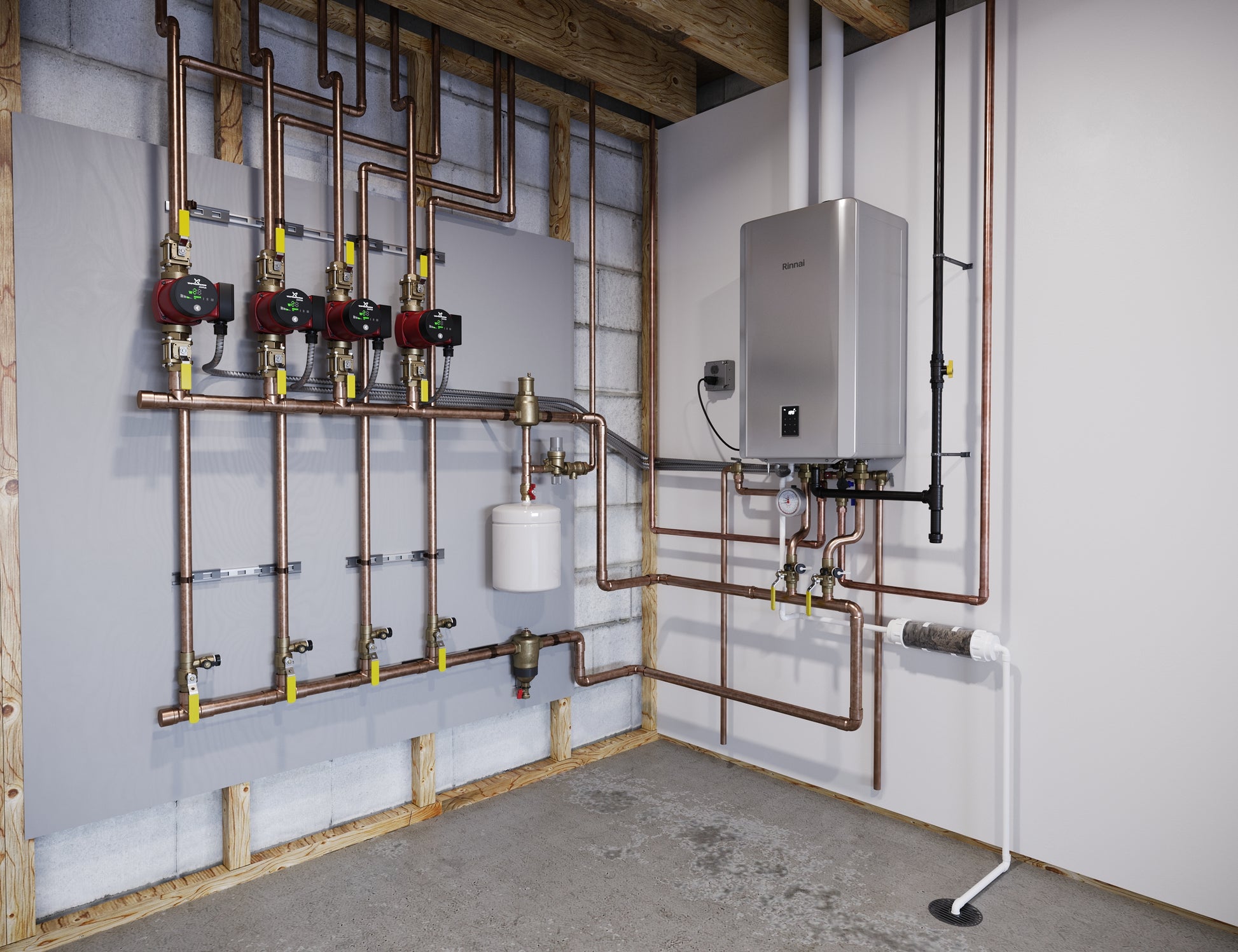 Rinnai condensing boiler installed with copper piping, valves, and expansion tank on wall-mounted system.