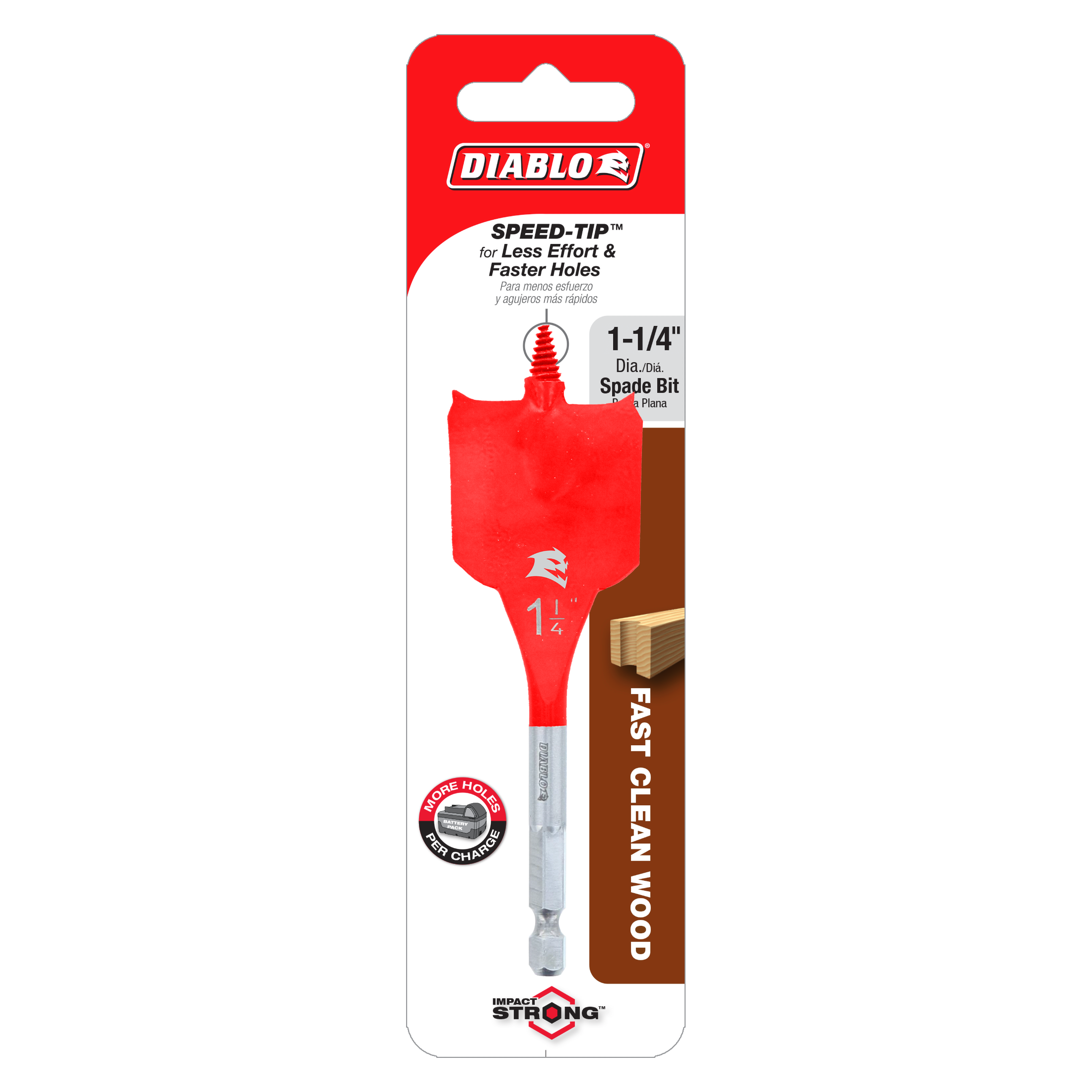 Diablo 1-1/4 inch red spade bit with gray shaft in packaging with Speed-Tip technology label.