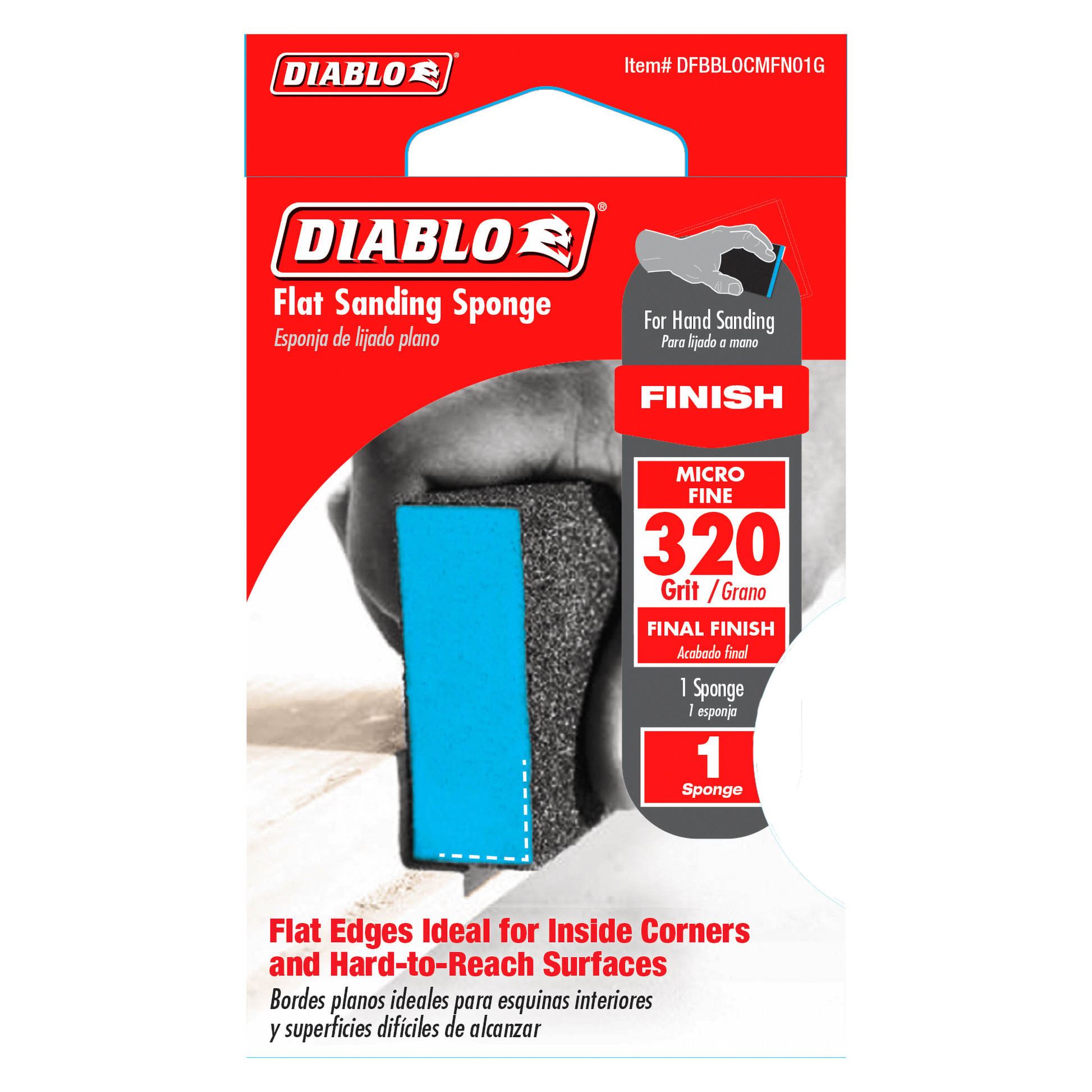 Flat sanding sponge with blue rectangular block and dark gray abrasive surface, 320-grit ultra fine for hand sanding.