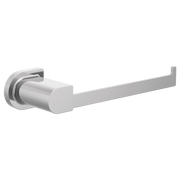 Chrome tissue holder with cylindrical post and horizontal bar arm mounted on round wall plate.