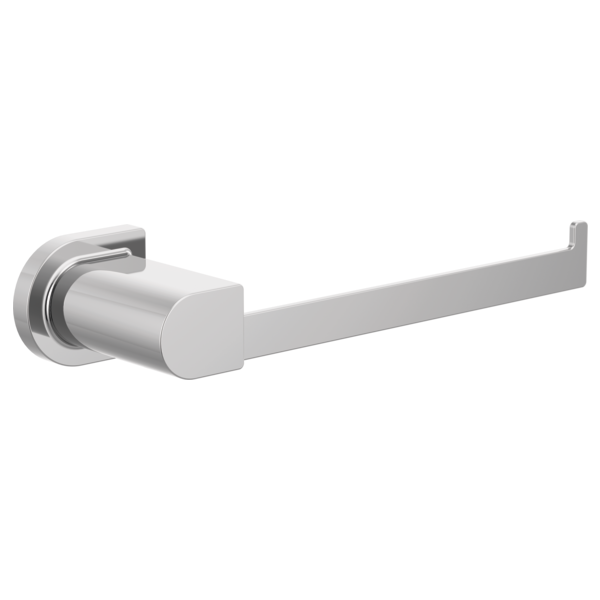 Chrome tissue holder with cylindrical post and horizontal bar arm mounted on round wall plate.