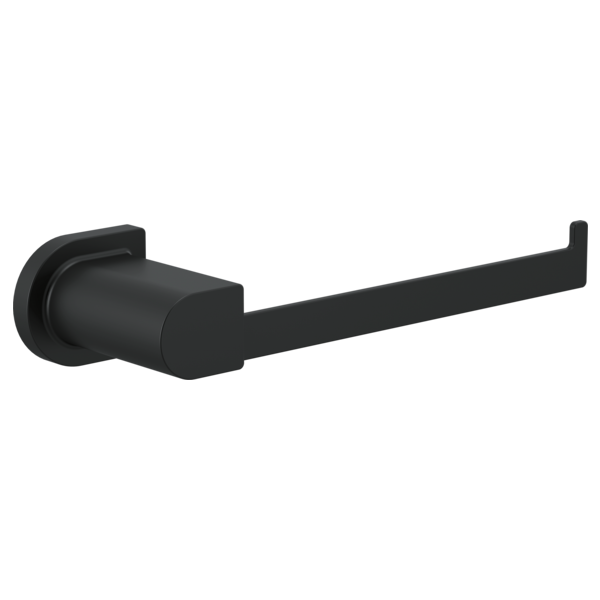 Black matte tissue holder with cylindrical wall mount and horizontal arm dispenser.