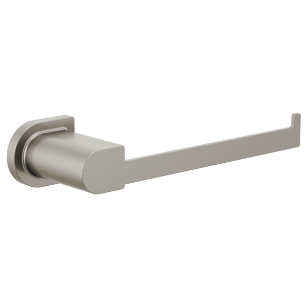 Brushed nickel tissue holder with cylindrical mounting post and horizontal arm for wall installation.