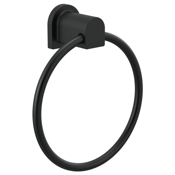 Black circular towel ring with wall-mounted bracket and rounded finial.