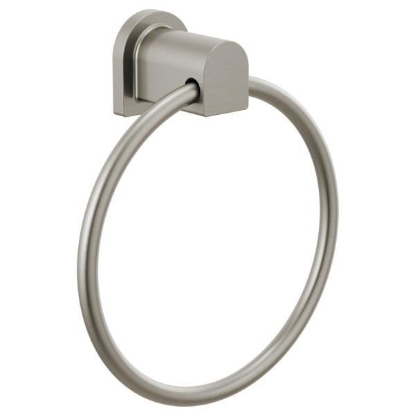 Brushed nickel circular towel ring with rounded rectangular wall mount.