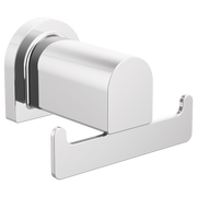 Chrome double robe hook with cylindrical center post and two curved hooks on either side.