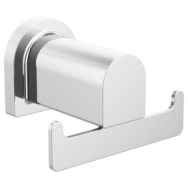 Chrome double robe hook with cylindrical center post and two curved hooks on either side.