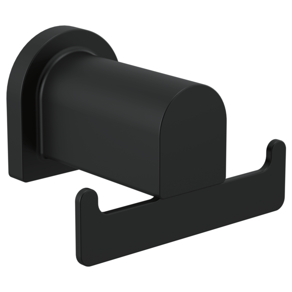 Black matte double robe hook with rounded cylindrical bar and wall-mounted backplate.