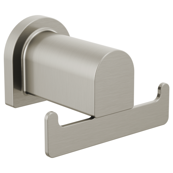 Brushed nickel double robe hook with curved hooks mounted on rounded rectangular backplate.