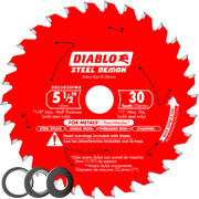 Red circular saw blade with 30 carbide-tipped teeth and white center arbor hole, labeled Steel Demon for metal cutting.