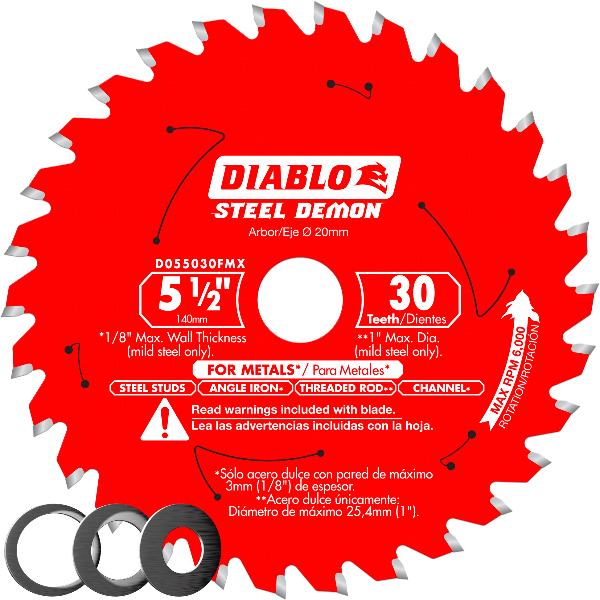 Red circular saw blade with 30 carbide-tipped teeth and white center arbor hole, labeled Steel Demon for metal cutting.