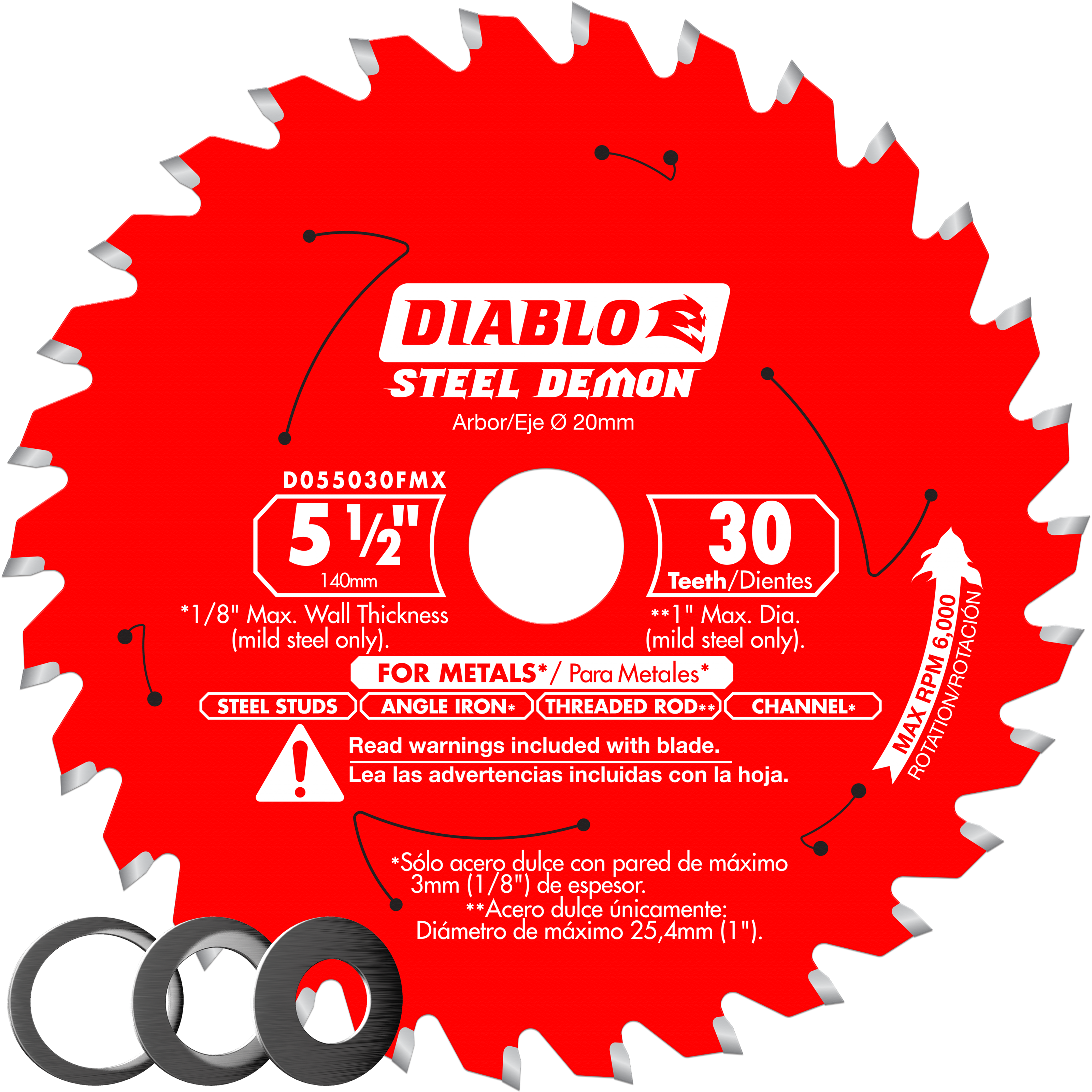 Red circular saw blade with 30 carbide-tipped teeth and white center arbor hole, labeled Steel Demon for metal cutting.