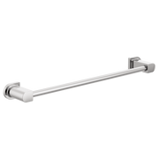 Stainless steel towel bar with chrome and white square end caps mounted horizontally.