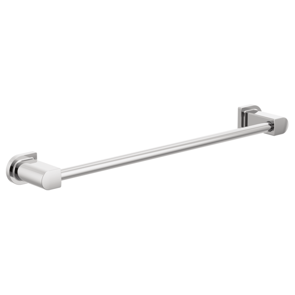 Stainless steel towel bar with chrome and white square end caps mounted horizontally.