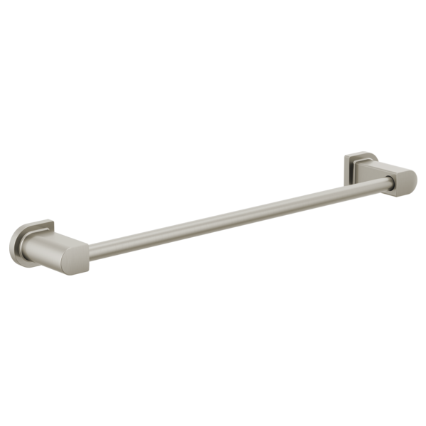 Brushed nickel towel bar with square mounting brackets on each end.