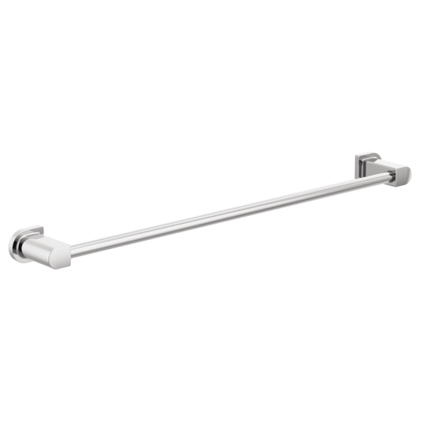 Chrome and white towel bar with square wall mounts, approximately 24 inches long.