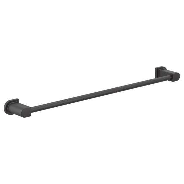 Black metal towel bar with cylindrical mounting brackets on each end.