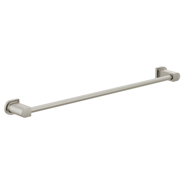 Brushed nickel towel bar with wall-mounted brackets on each end, approximately 24 inches long.