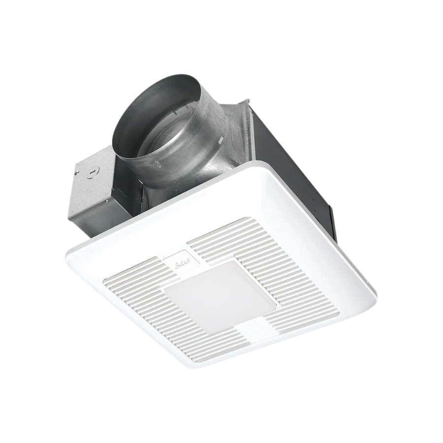 White ceiling-mounted exhaust fan with integrated light fixture and metal duct connector.