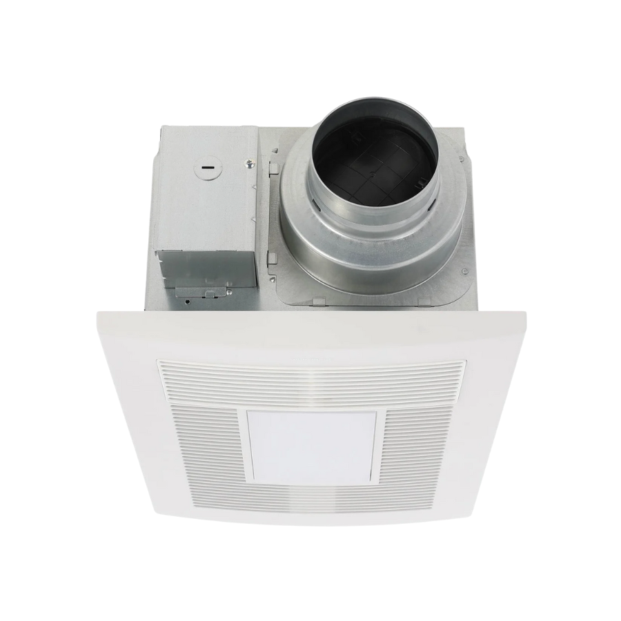 White ceiling-mounted ventilation fan unit with round metal duct connector and internal heating and lighting components visib