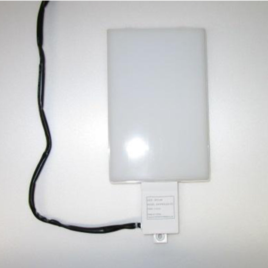 White rectangular bathroom exhaust fan unit with integrated light and heater, showing frosted cover panel and black power cor