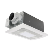 White rectangular ceiling fan with circular duct connector on left side, ventilation grilles on bottom, and dark panel on top